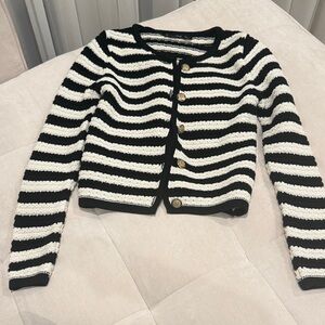Mango Black & White Striped Button Cardigan